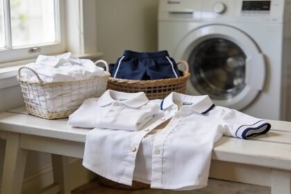 White school shirts laid out for a collar check beside a basket of whites, with navy uniform items kept separately.