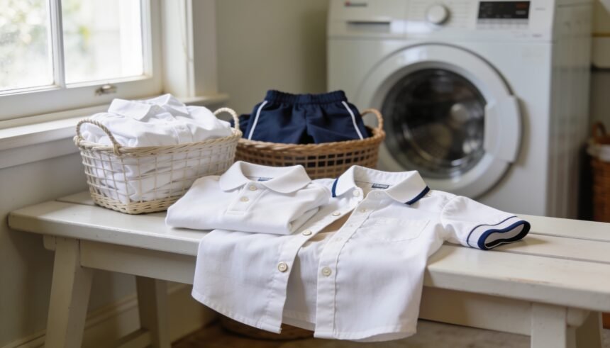 White school shirts laid out for a collar check beside a basket of whites, with navy uniform items kept separately.