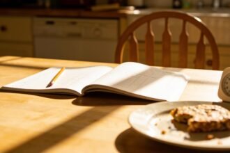 A kitchen table with an open exercise book, a pencil, a half-eaten snack and a small timer, one chair empty.