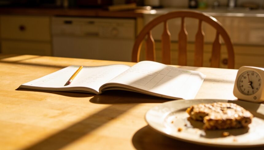 A kitchen table with an open exercise book, a pencil, a half-eaten snack and a small timer, one chair empty.