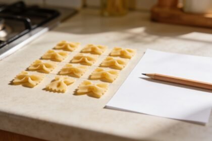 Pasta pieces arranged in four rows of three on a kitchen table beside a pencil and a blank sheet of paper.