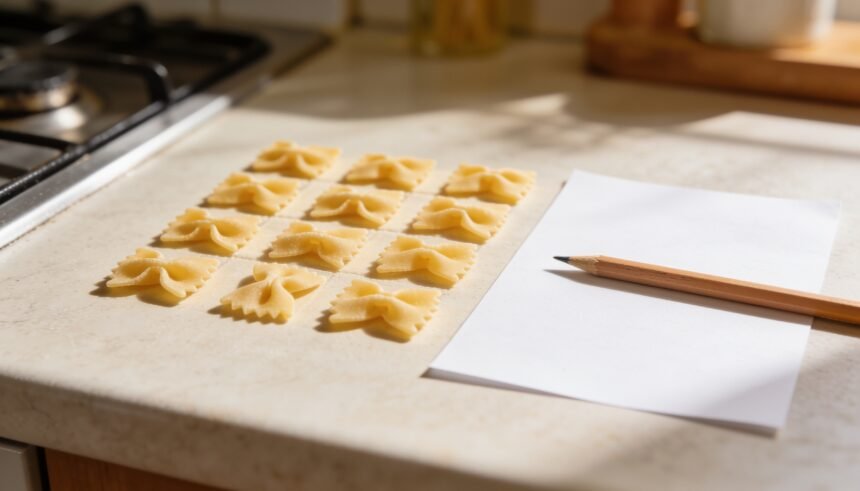 Pasta pieces arranged in four rows of three on a kitchen table beside a pencil and a blank sheet of paper.