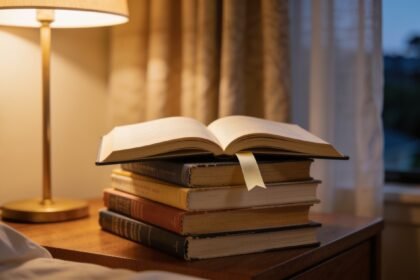 A mixed stack of library books including comics and fact books on a bedside table beside a lamp.