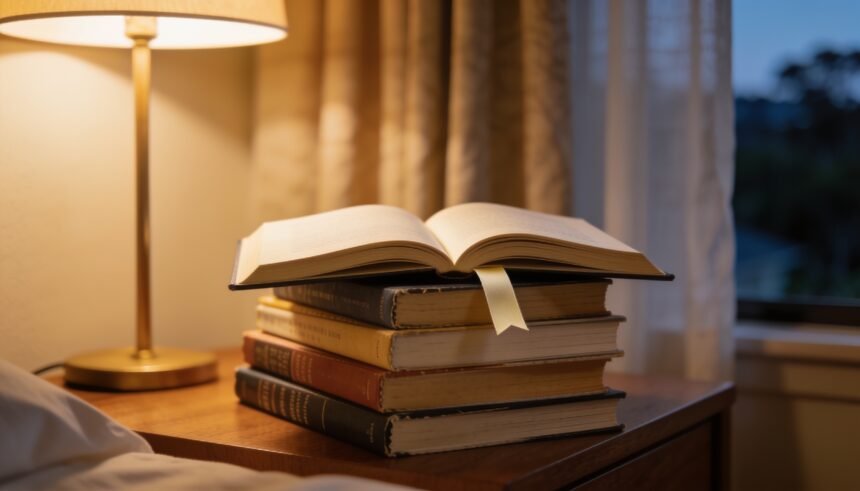 A mixed stack of library books including comics and fact books on a bedside table beside a lamp.