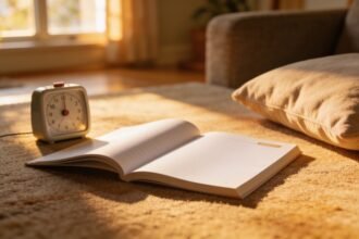 A thin school reader open on a lounge room floor beside a small timer and a cushion in afternoon light.