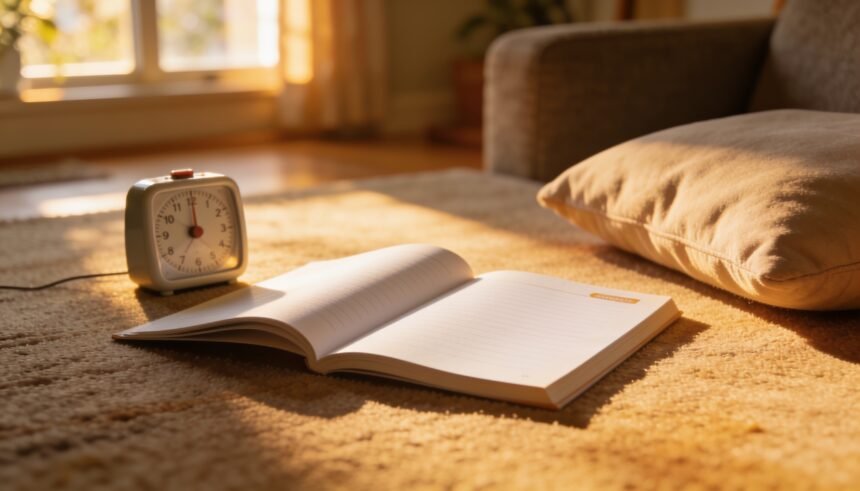 A thin school reader open on a lounge room floor beside a small timer and a cushion in afternoon light.