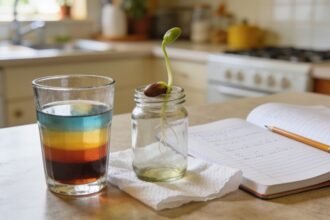 A glass of layered liquids beside a jar with a sprouting bean and an open exercise book with a pencil.