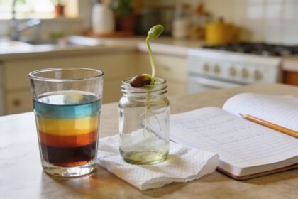 A glass of layered liquids beside a jar with a sprouting bean and an open exercise book with a pencil.
