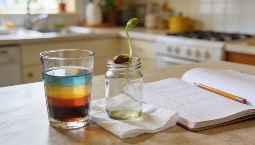 A glass of layered liquids beside a jar with a sprouting bean and an open exercise book with a pencil.
