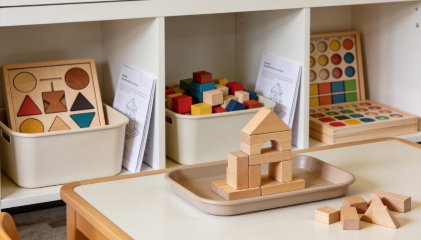 Educational toy sets stored separately in a cupboard beside an unfinished block structure on a dining-table tray.
