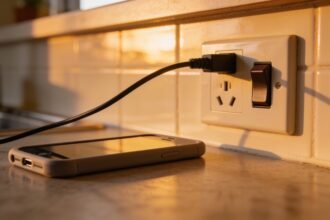 A phone in a plain case resting on a kitchen bench beside a charging cable plugged into a wall socket.