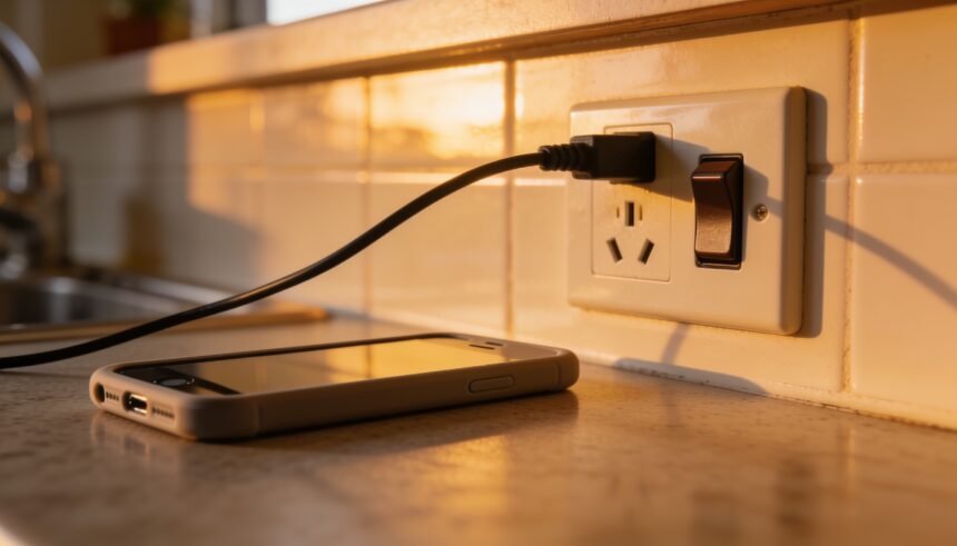 A phone in a plain case resting on a kitchen bench beside a charging cable plugged into a wall socket.