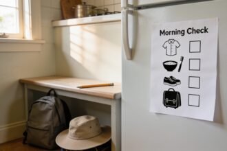 A morning picture checklist on a fridge beside a school bag and hat.