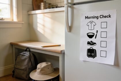 A morning picture checklist on a fridge beside a school bag and hat.