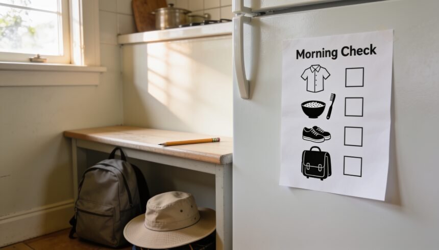 A morning picture checklist on a fridge beside a school bag and hat.
