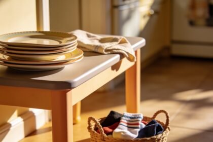A stack of plates on a low table beside a folded cloth and a basket of unmatched socks.