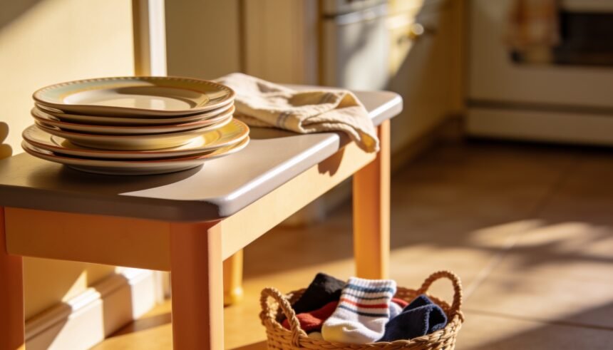 A stack of plates on a low table beside a folded cloth and a basket of unmatched socks.