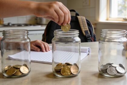 A child's hands dropping a coin into one of three glass jars of coins on a kitchen table.