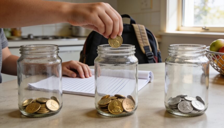 A child's hands dropping a coin into one of three glass jars of coins on a kitchen table.