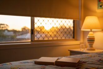 A child's bedroom at dusk with a block-out blind drawn against bright evening light, a lamp on low and two books on the bed.
