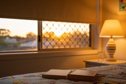 A child's bedroom at dusk with a block-out blind drawn against bright evening light, a lamp on low and two books on the bed.