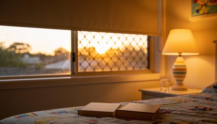 A child's bedroom at dusk with a block-out blind drawn against bright evening light, a lamp on low and two books on the bed.