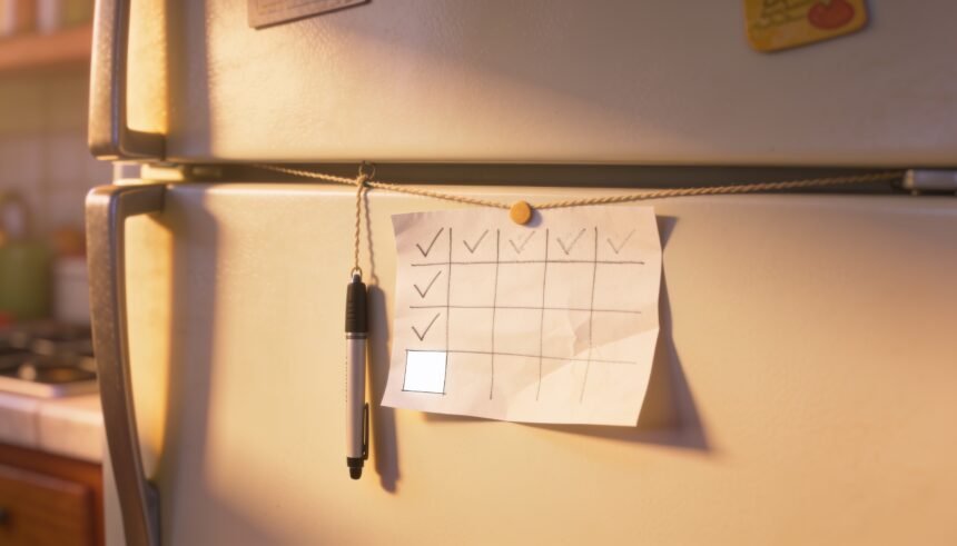 A simple hand-drawn chart stuck low on a fridge with some boxes ticked and a pen hanging beside it.