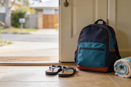 A school backpack by the front door next to thongs and a rolled beach towel.