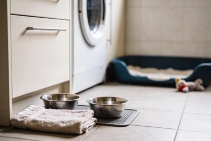 A puppy sleeping area set up with a bed, stainless steel bowls and a towel before the puppy arrives.