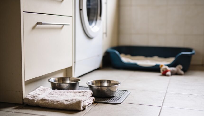A puppy sleeping area set up with a bed, stainless steel bowls and a towel before the puppy arrives.
