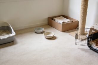 A room set up for a new kitten with a litter tray, bowls, scratching post and an open carrier.