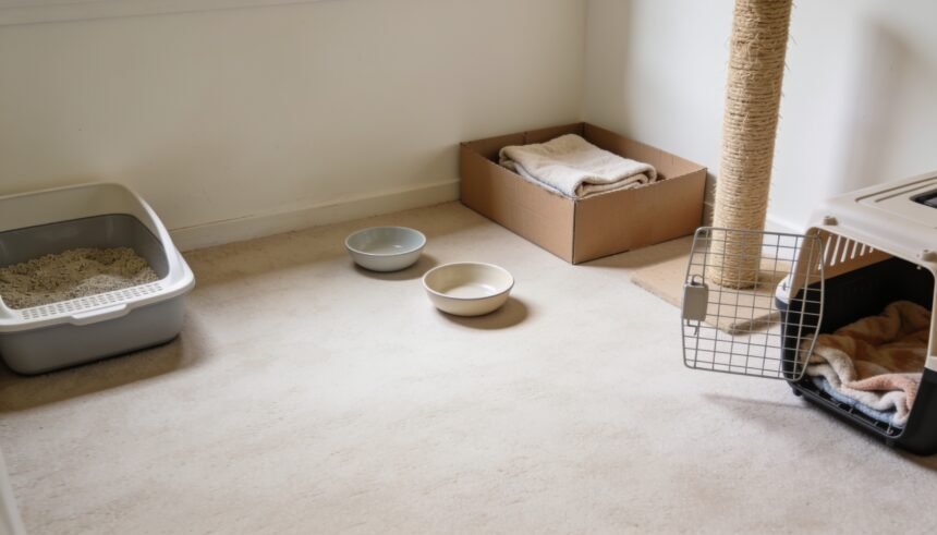A room set up for a new kitten with a litter tray, bowls, scratching post and an open carrier.