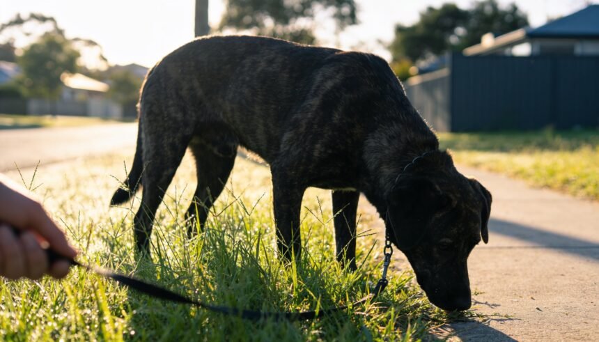 A dog with its nose down in long grass beside a walking path, lead slack, in early morning light.