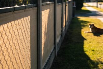 A suburban fence with shade cloth attached along the inside and a dog lying calmly on grass in the shade.