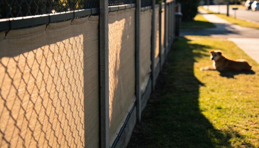 A suburban fence with shade cloth attached along the inside and a dog lying calmly on grass in the shade.
