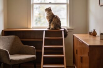 A cat sitting on top of a cleared bookshelf beside a window, with a chair, sideboard and small ladder forming a route up.