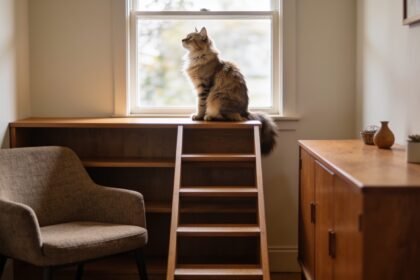 A cat sitting on top of a cleared bookshelf beside a window, with a chair, sideboard and small ladder forming a route up.
