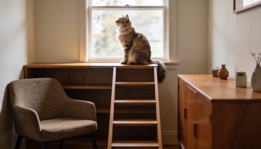 A cat sitting on top of a cleared bookshelf beside a window, with a chair, sideboard and small ladder forming a route up.