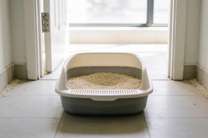 A clean open litter tray with fine litter on a tiled laundry floor with clear space on both sides.