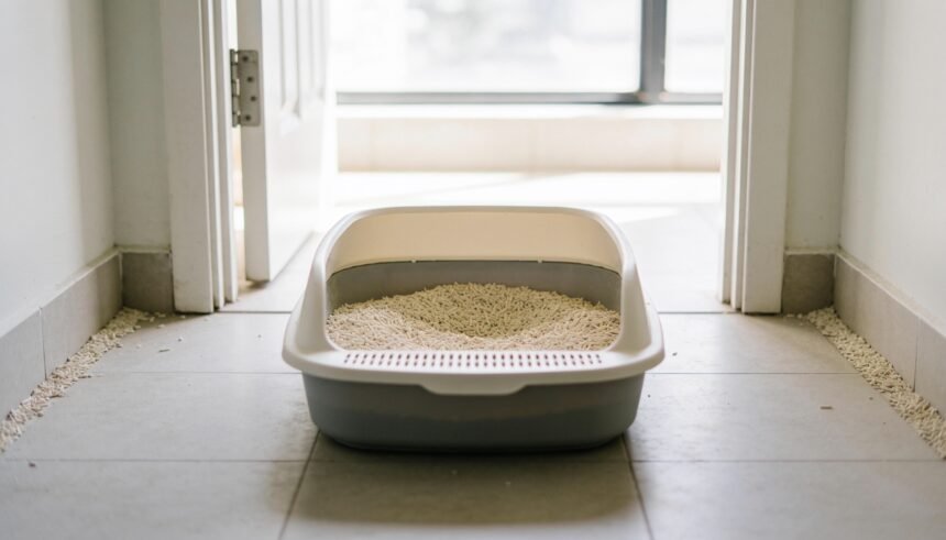 A clean open litter tray with fine litter on a tiled laundry floor with clear space on both sides.