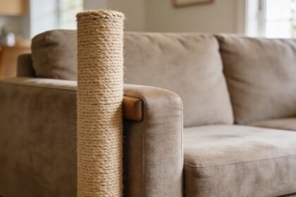 A tall sisal scratching post standing directly beside the arm of a fabric sofa in a living room.