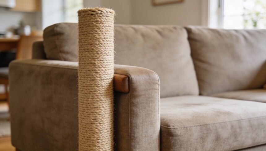 A tall sisal scratching post standing directly beside the arm of a fabric sofa in a living room.