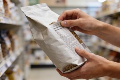 A shopper turning a bag of dry pet food to read the label panel on the back.