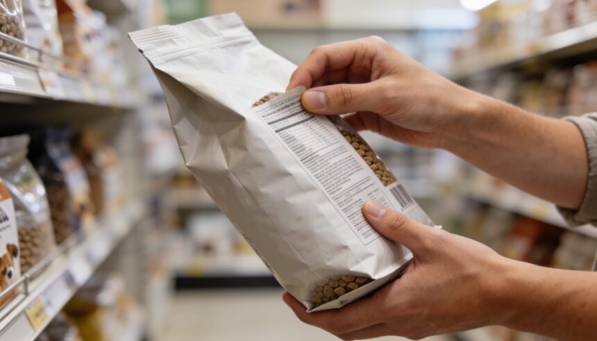 A shopper turning a bag of dry pet food to read the label panel on the back.