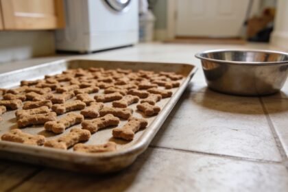 Dry dog biscuits spread across a plain baking tray on a laundry floor beside an empty dog bowl.