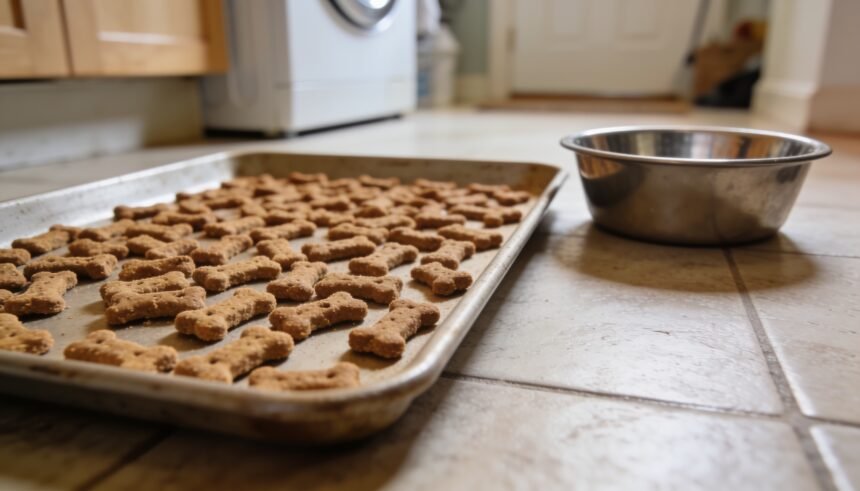 Dry dog biscuits spread across a plain baking tray on a laundry floor beside an empty dog bowl.