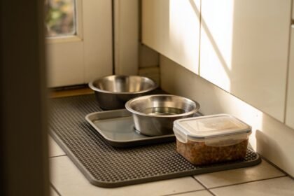 Two stainless steel pet bowls on a mat in a kitchen corner beside a sealed food container, one bowl standing in a shallow tray.