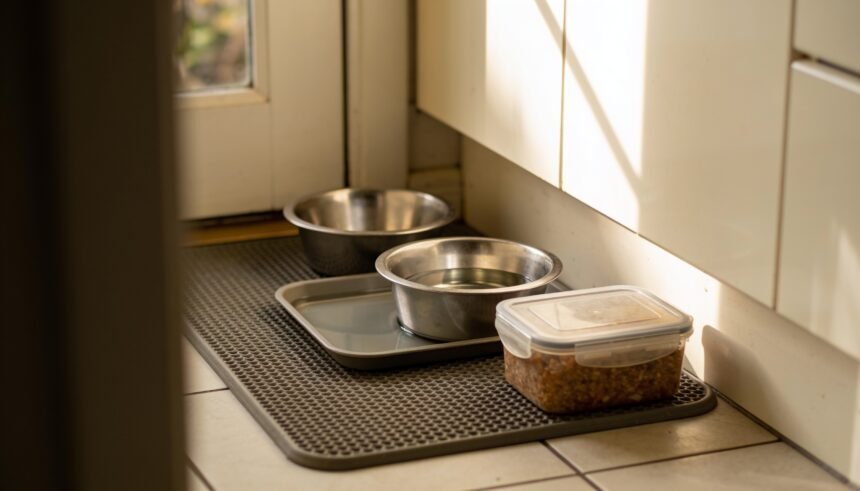 Two stainless steel pet bowls on a mat in a kitchen corner beside a sealed food container, one bowl standing in a shallow tray.