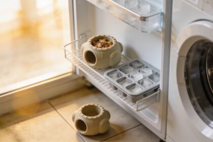 A hollow rubber dog toy packed with food on a freezer shelf, with a second one on the floor below.