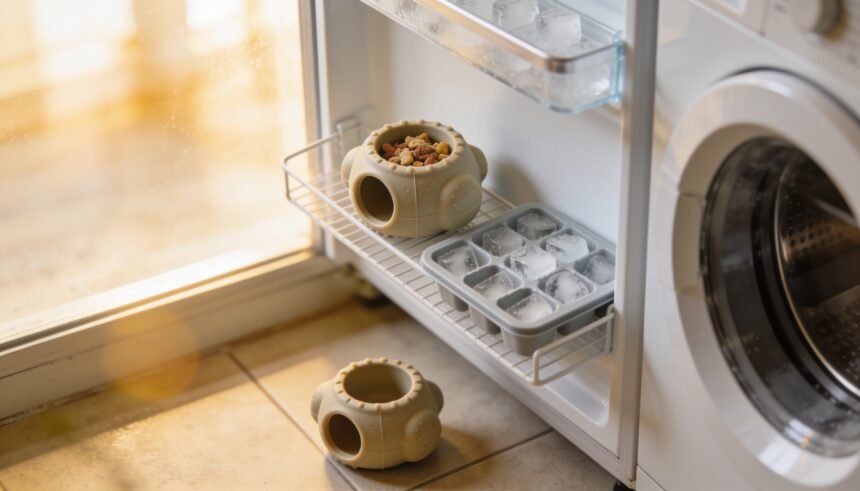 A hollow rubber dog toy packed with food on a freezer shelf, with a second one on the floor below.